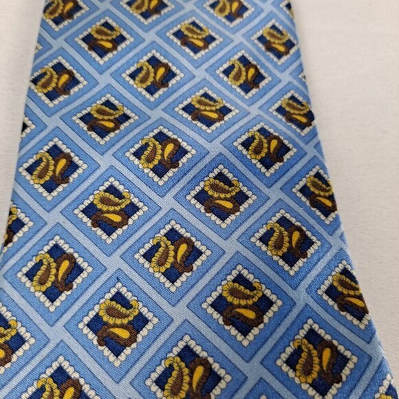 Scappino Italy Men'sTie 100% Silk Light Blue Gold Diamonds/Paisley Pattern - Picture 3 of 7